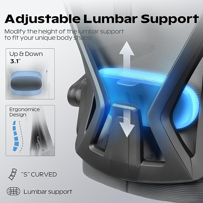 Ergonomic Office Chair, Home Office Desk Chair with Headrest, High Back Mesh Chair with Flip-up Armrests, Comfy Desk Chair with Lumbar Support, Rolling Swivel Task Chair for Office