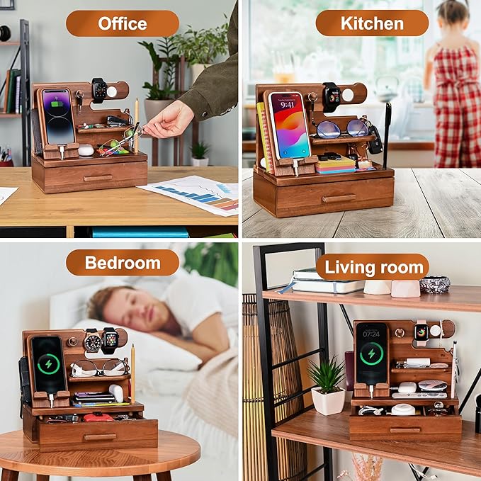 TESLYAR Wood Phone Docking Station with Drawer - Nightstand Organizer - Desk Organizer for Husband - Birthday Gifts for Men or Dad - Anniversary Idea - Key Holder Stand Watch & Accessories (Walnut)