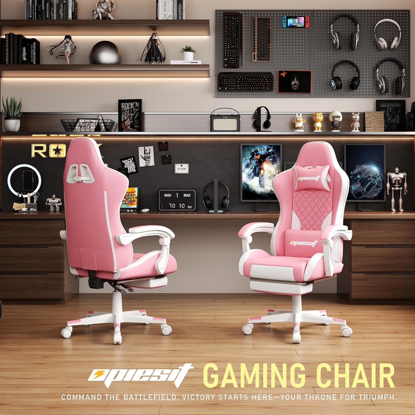Gaming Chair,Ergonomic Computer Chairs for Adults with Footrest, PU Leather Office Chair with Adjustable Lumbar Support & Pocket Spring Cushion - Heavy Duty 400lb Capacity Gamer Chair (Pink)