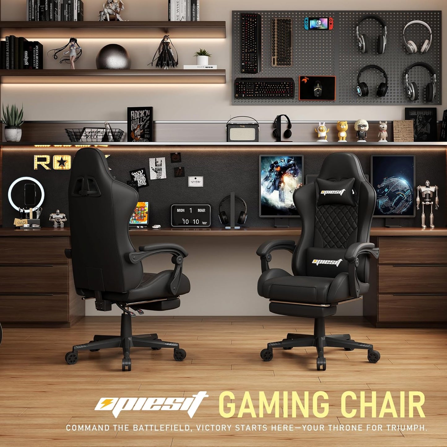 Gaming Chair,Ergonomic Computer Chairs for Adults with Footrest, PU Leather Office Chair with Adjustable Lumbar Support & Pocket Spring Cushion - Heavy Duty 400lb Capacity Gamer Chair(Black)