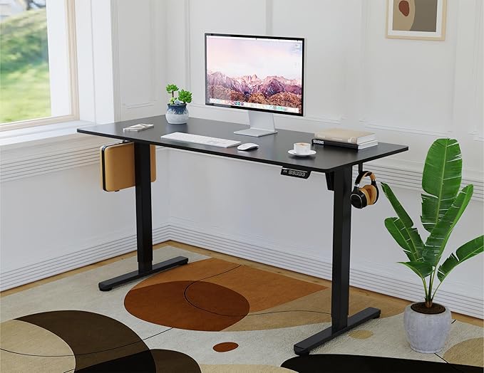 NSY Audio Electric Standing Desk 55x24 Inches - Height Adjustable, Whisper Quiet Motor, Walnut Top & Black Frame for Home Office Gaming, Focused Work, Black