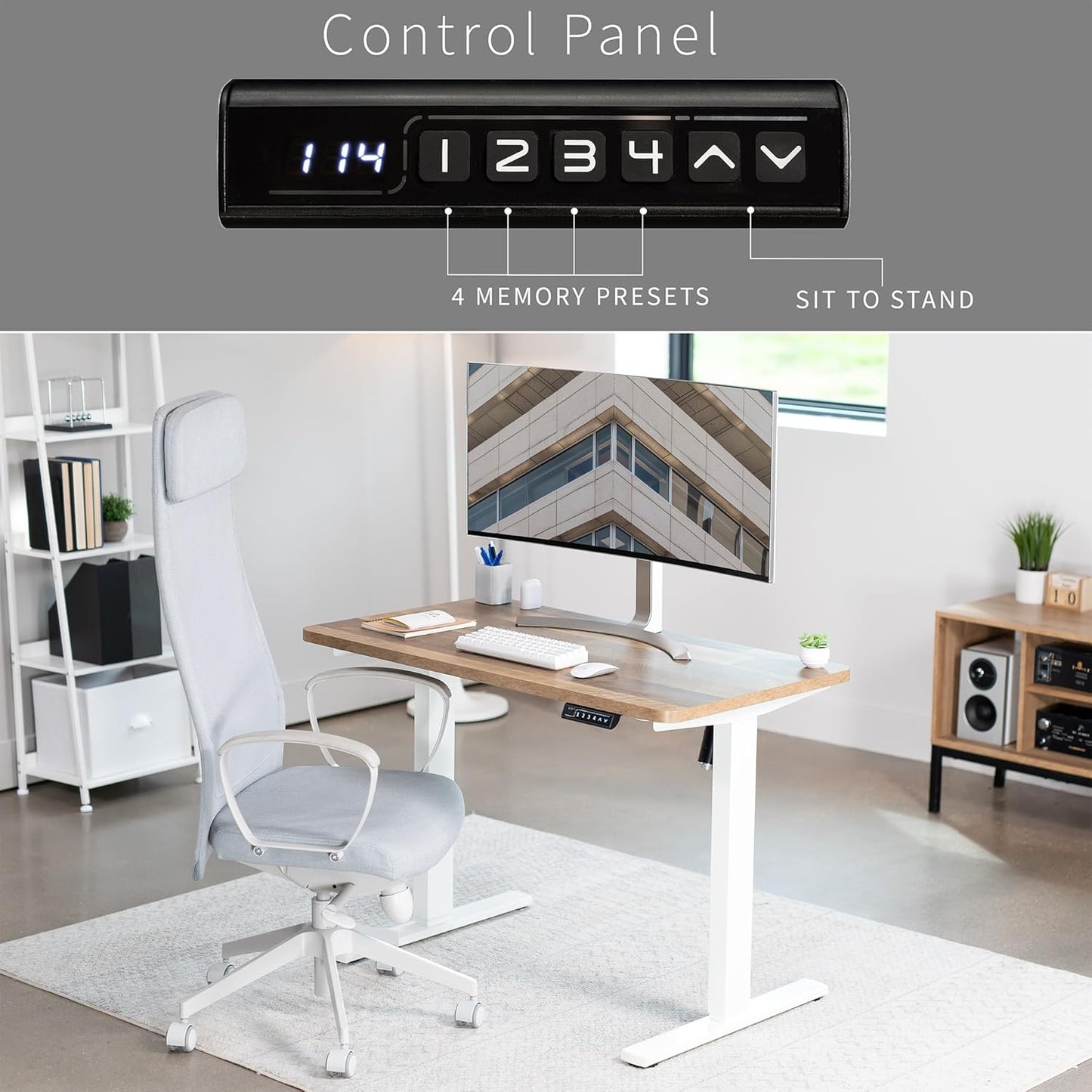 VIVO Electric 43 x 24 in Standing Desk, Memory Height Adjustment, 1B Series, One-Piece Reclaimed Wood Top, White Frame, DESK-KIT-1W4P