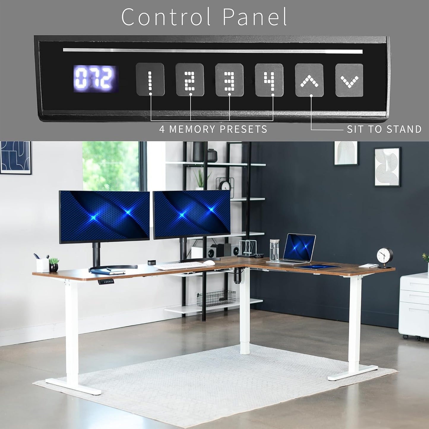 VIVO Electric Corner L-Shaped 84 x 63 in Rustic Standing Desk, Memory Height Adjustment, Vintage Brown Top White Frame, DESK-E3CTWN-84