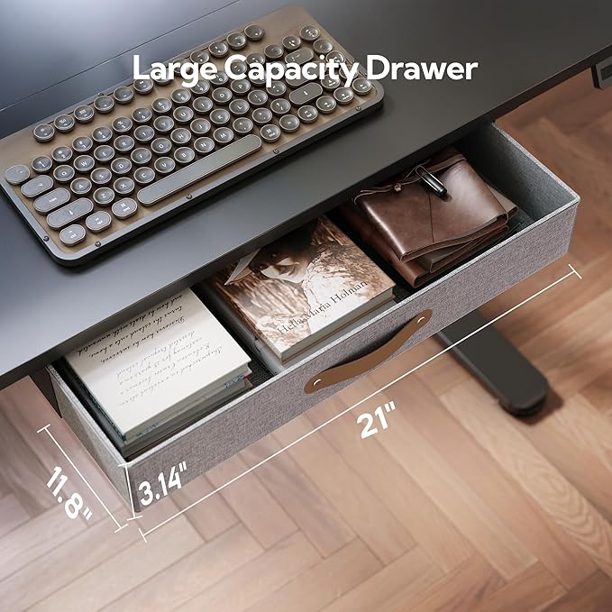 Seang Standing Desk with Drawer, 40" x 24" Height Adjustable Stand Up Desk, 3 Memory Height Settings with Cable Grommets & Storage Hooks, Ideal for Home & Office, Black