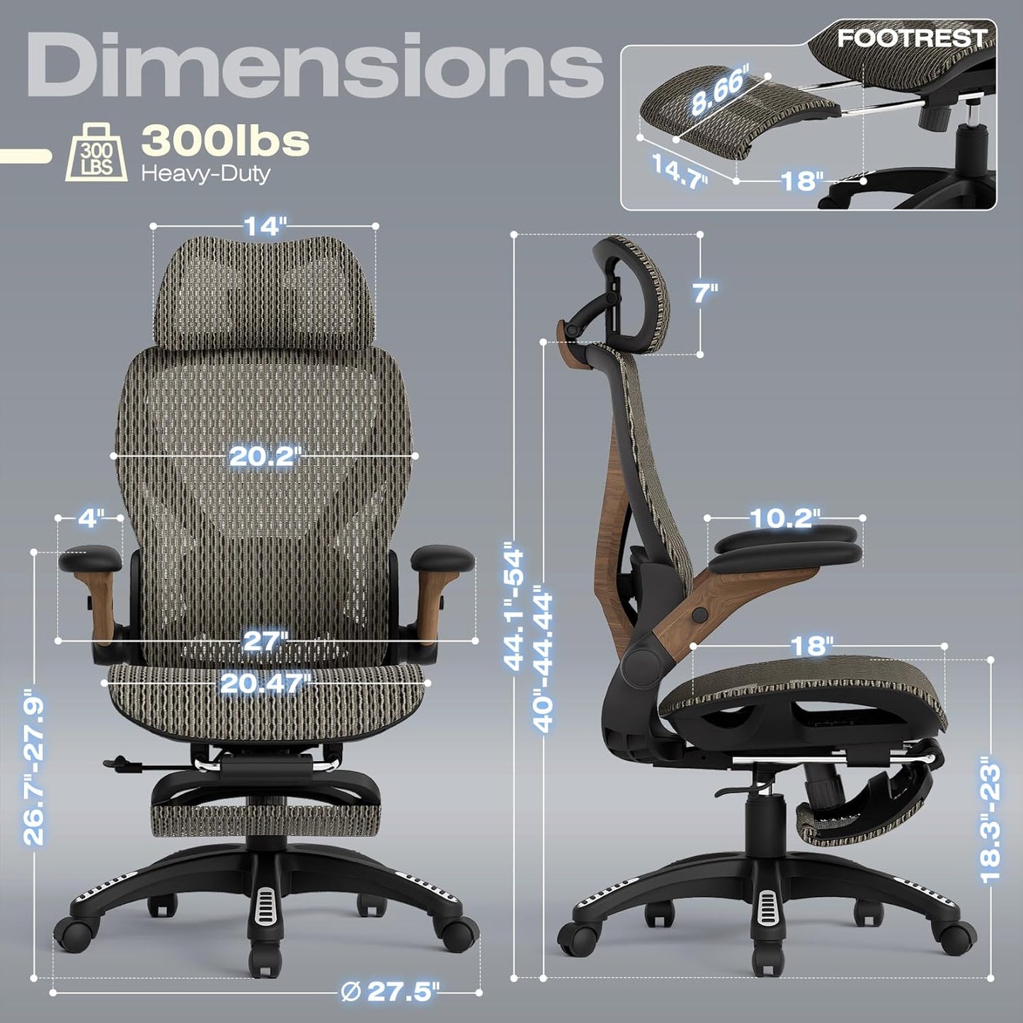 ELABEST X100 Ergonomic Office Chair with Footrest, Big and Tall Home Desk Chair with 5D Flip-Up Arms, Adjustable 9D Lumbar Support,High Back Rolling Computer Chair, Swivel Mesh Chairs (Coffee Break)