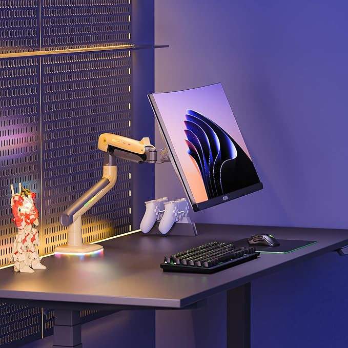 Gaming Monitor Arm for Flat/Ultrawide/Curved Monitors 32 to 60 inch, Heavy Duty Monitor Stand Load up to 20 kg, VESA 75/100 mm Mount (Lava Yellow)