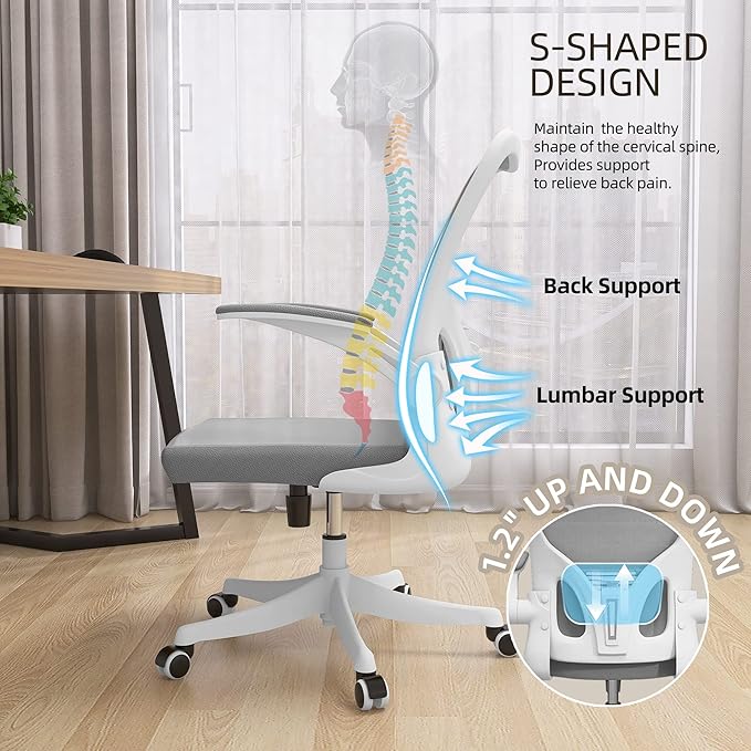 Monhey Office Chair Ergonomic Desk Chair with Lumbar Support&Headrest&Flip-up Arms Height Adjustable Rocking Swivel High Back Computer Chair Warm Taupe Mesh Study Chair (01White+Gray)