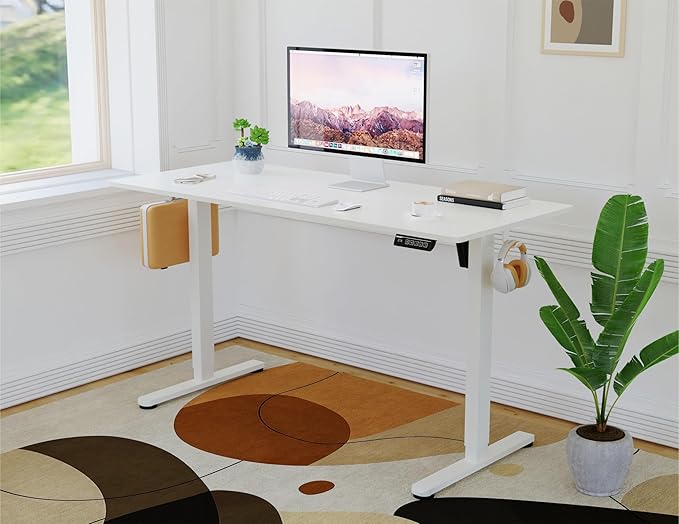 NSY Audio Electric Standing Desk 55x24 Inches - Height Adjustable, Whisper Quiet Motor, Walnut Top & Black Frame for Home Office Gaming, Focused Work, White