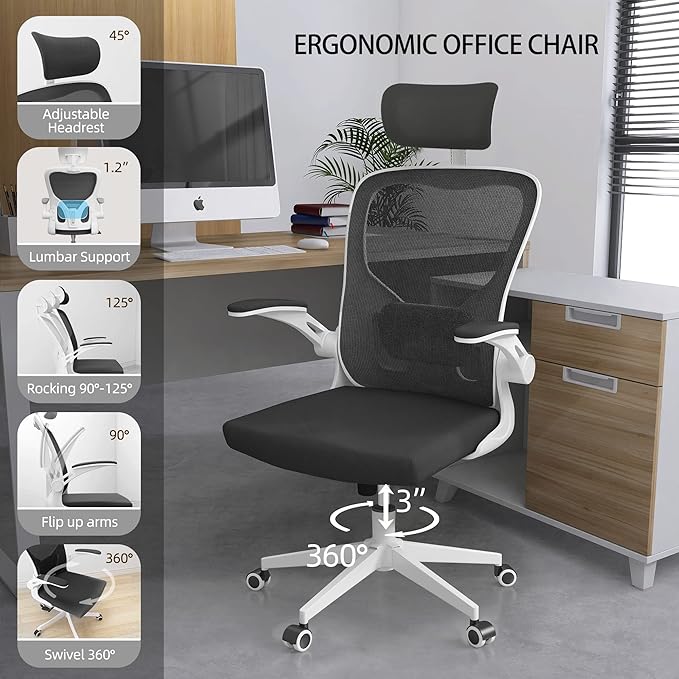 Monhey Office Chair Ergonomic Desk Chair with Lumbar Support&Headrest&Flip-up Arms Height Adjustable Rocking Swivel High Back Computer Chair Warm Taupe Mesh Study Chair (03White+Black)