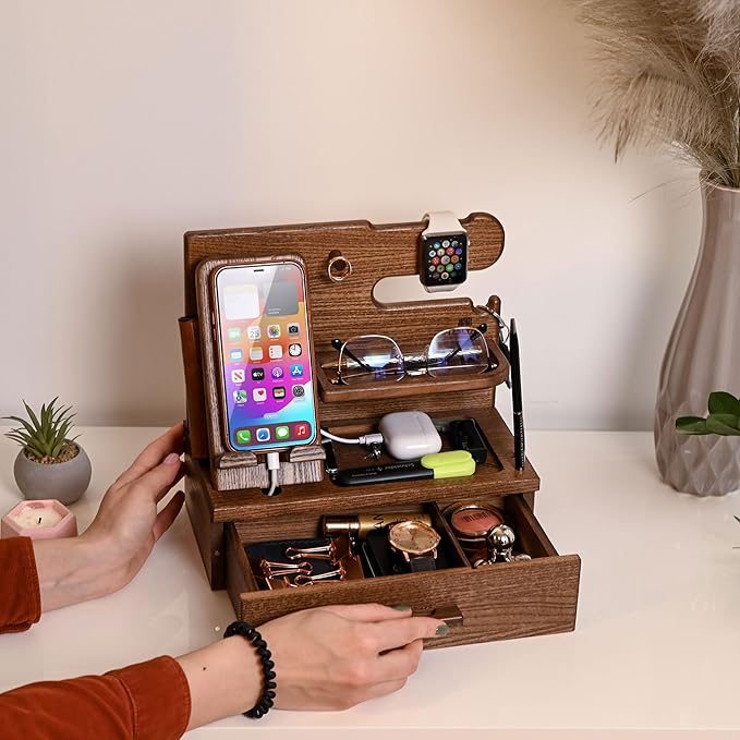 TESLYAR Wood Phone Docking Station with Drawer - Nightstand Organizer - Desk Organizer for Husband - Birthday Gifts for Men, Dad, Anniversary Idea, Key Holder Stand Watch & Accessories (Earth Beige)