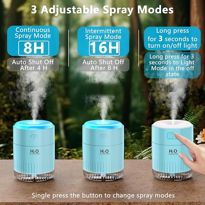 Colorful Mini Humidifier, USB Rechargeable Humidifier, small humidifier, 4 Modes Super Quiet, Humidifiers For Bedroom,Suitable For Travel Office Family Baby Bedroom-Blue
