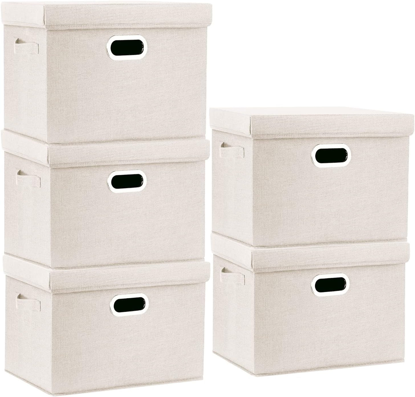TYEERS Large Storage Bins with Lids, Collapsible, Washable, Fabric Storage Boxes for Organizing, 17.3x11.8x11.4 inches, 5 Pack, Beige
