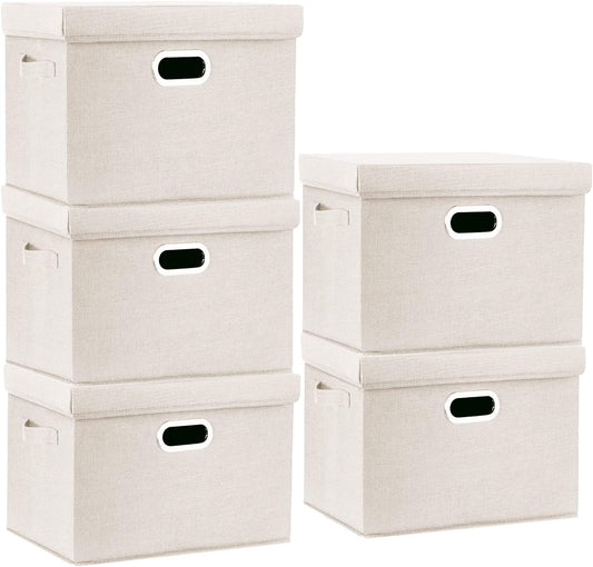 TYEERS Large Storage Bins with Lids, Collapsible, Washable, Fabric Storage Boxes for Organizing, 17.3x11.8x11.4 inches, 5 Pack, Beige
