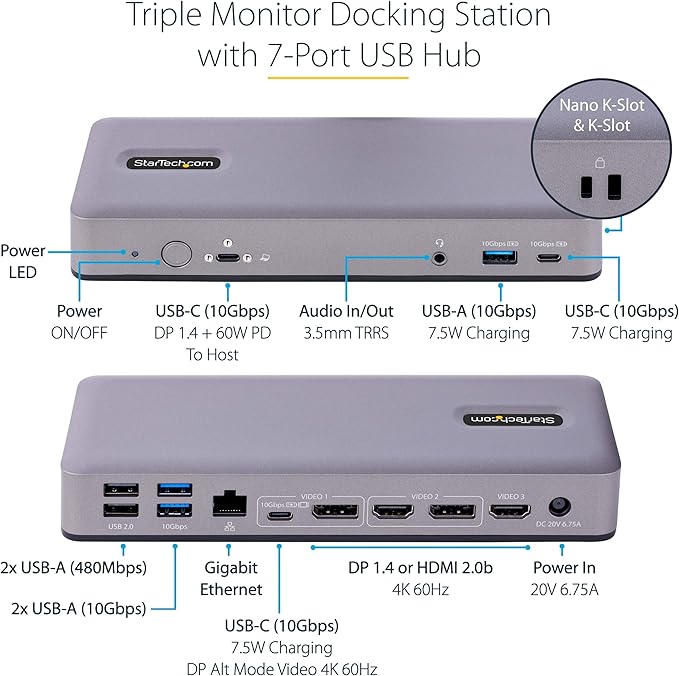 StarTech.com USB-C Docking Station Multi Monitor HDMI/DP/USB-C Video Output, Triple Monitor 4K30/Dual 4K60, 7-Port USB Hub, 60W Power Delivery, GbE, 3.5mm Audio, Works with Chromebook, TAA