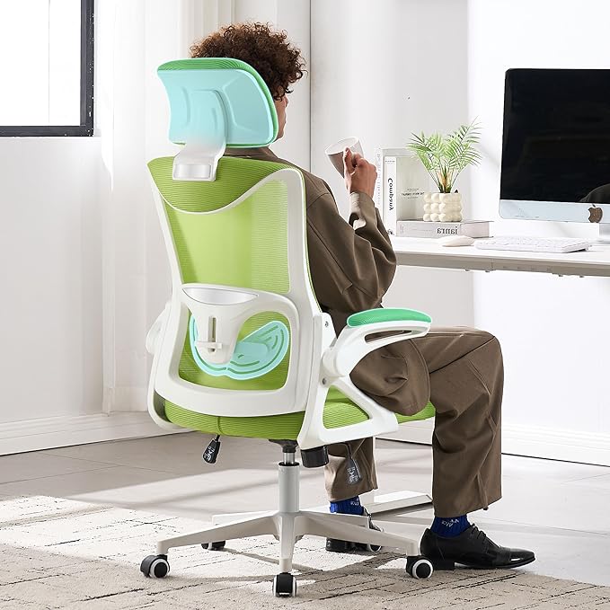 Fizzin Ergonomic Office Chair 400 LBS, High Back Desk Chair with Adjustable Lumbar Support, Mesh Computer Chair with Thicker Seat Cushion and Tilt Function for Home Offices (Green)