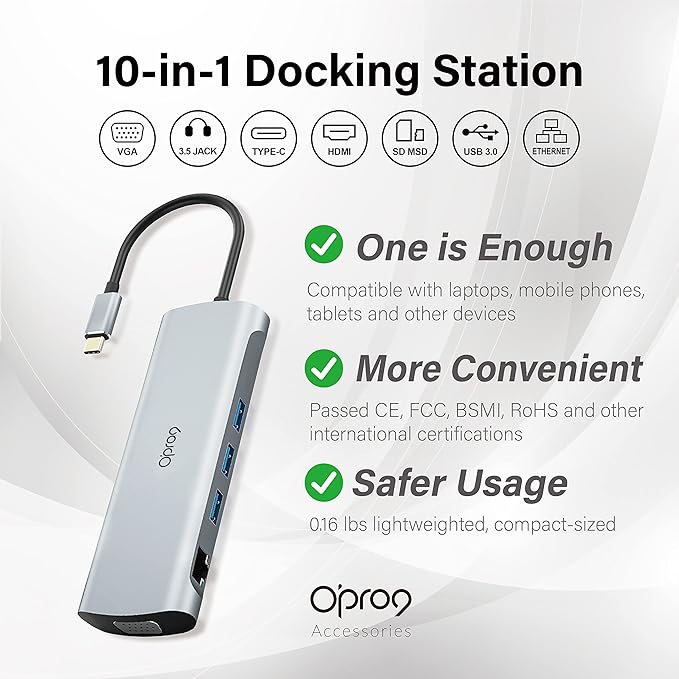 Opro9 10-in-1 USB C Hub Multiport Adapter, Laptop Docking Station Dual 4K HDMI / 1080P VGA, USB 3.0, PD 100W, Gigabit Ethernet, SD/TF Card Reader, 3.5mm Audio Jack, for Windows & MacBook PC, Laptops