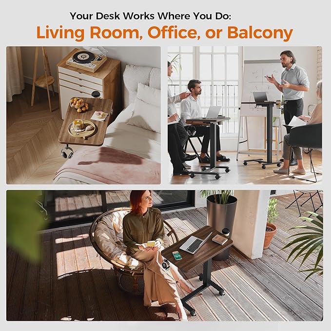 Agilestic Portable Standing Desk Height Adjustable, Mobile Table with Wheels, Small Size Sit Stand Table for Laptops, Rolling Desk for Home, 26" x 15.7"Computer Workstation, Dark Walnut