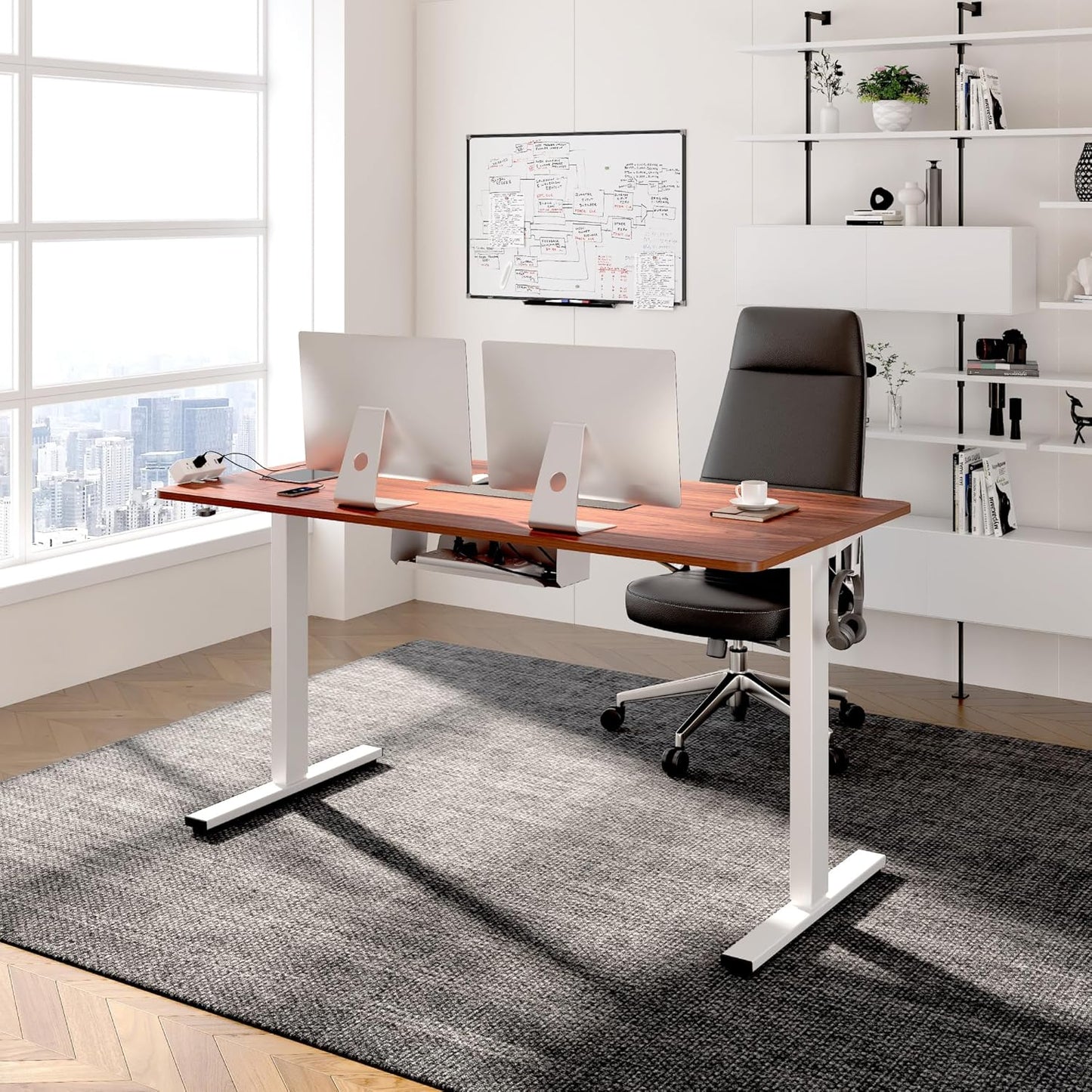 FLEXISPOT EN2 Whole-Piece Standing Desk with Clamp Power Strip, 48 x 30 Electric Stand Up Height Adjustable Desk with Cable Management (White Frame + 48" Mahogany Top, 2 Packages)