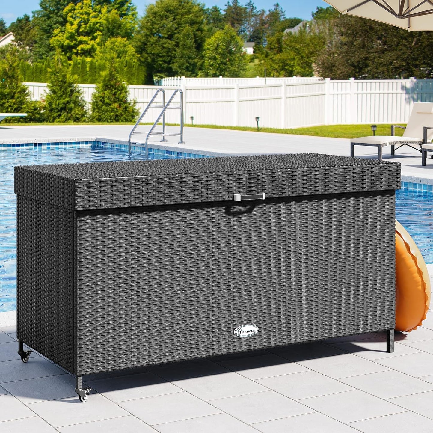 YITAHOME 200 Gallon Large Wicker Deck Box w/Storage Net, Rattan XL Outdoor Storage Box Patio Cushion Storage, Waterproof Storage Box for Patio Furniture, Garden Tools, Pool Sports Equipment (Black)