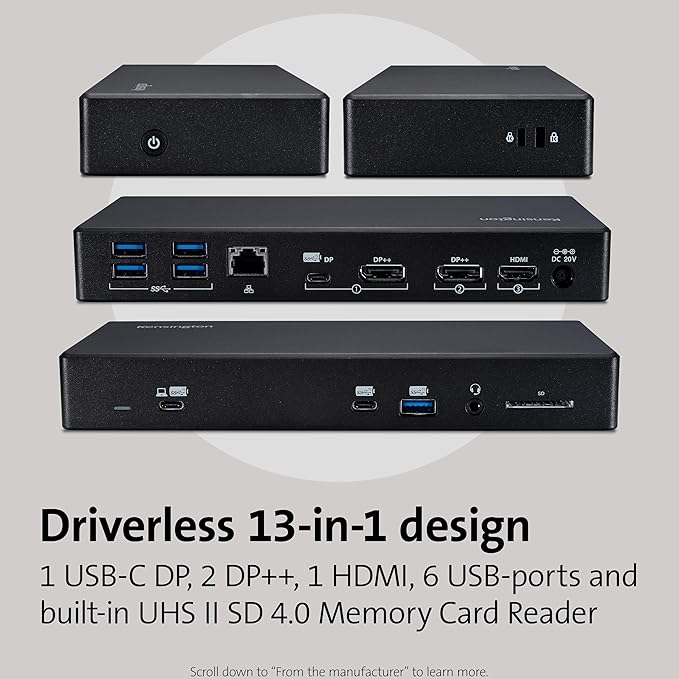 Kensington SD4850P USB-C Docking Station for Dell, HP, Lenovo, Surface, PixelBook, Pixel Slate- Dual 4K Video, 100W PD (K34115NA)