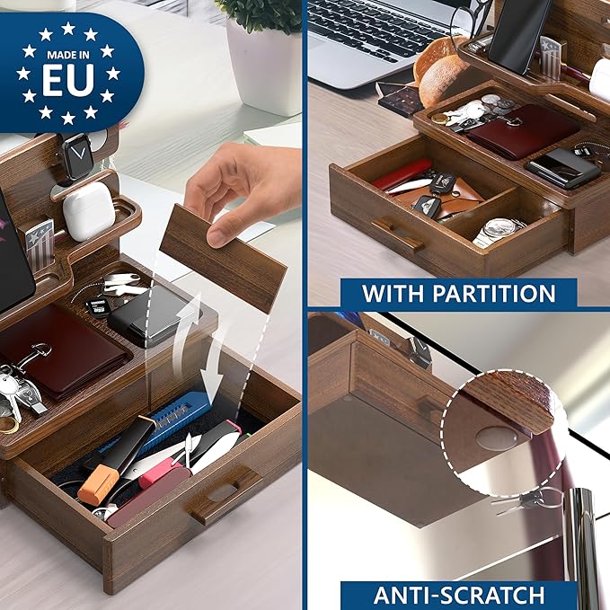 BarvA Phone Docking Station with Drawer Organizer | Night Stand Desk Charging Station | Upgraded Nightstand Organizer | Dresser Smart Watch Earbuds Phone Stand | Room Decor Gifts for Women Men Mom