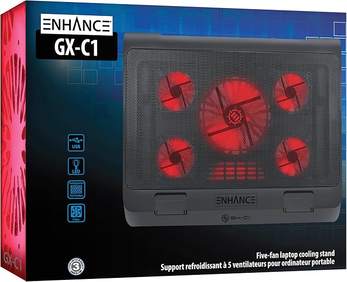 ENHANCE Gaming Laptop Cooling Pad Stand with LED Cooler Fans , Adjustable Height , & Dual USB Port for 17 inch Laptops - 5 Ultra Quiet High Performance Fans 2630 RPM & Built-In Bumpers - Red