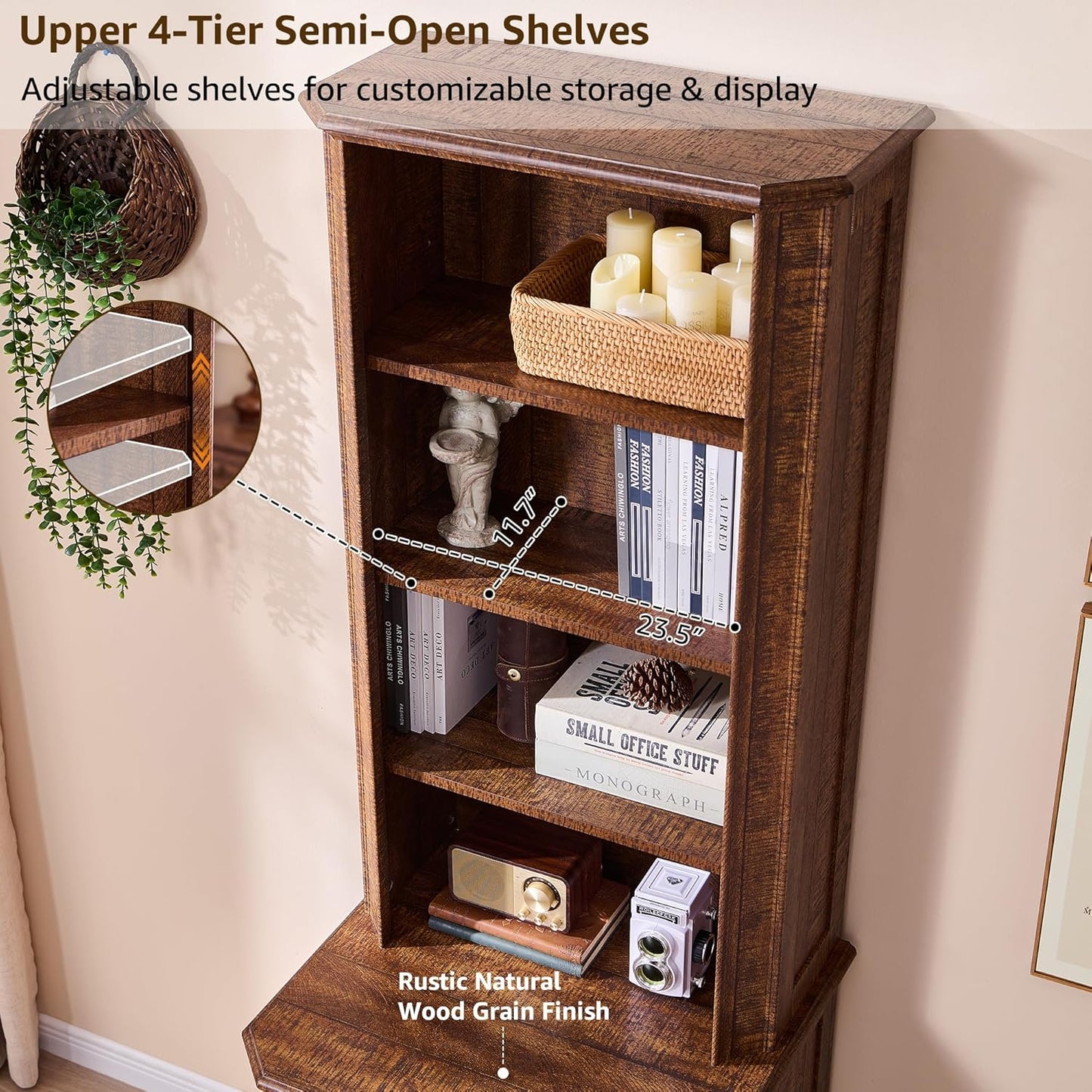 T4TREAM 6-Tier Bookcase with 2 File Drawers, 72" Tall Farmhouse Bookshelf with Storage & Adjustable Shelves, Wooden Floor Standing Display Book Shelf Organizer for Home Office, Reclaimed Barnwood