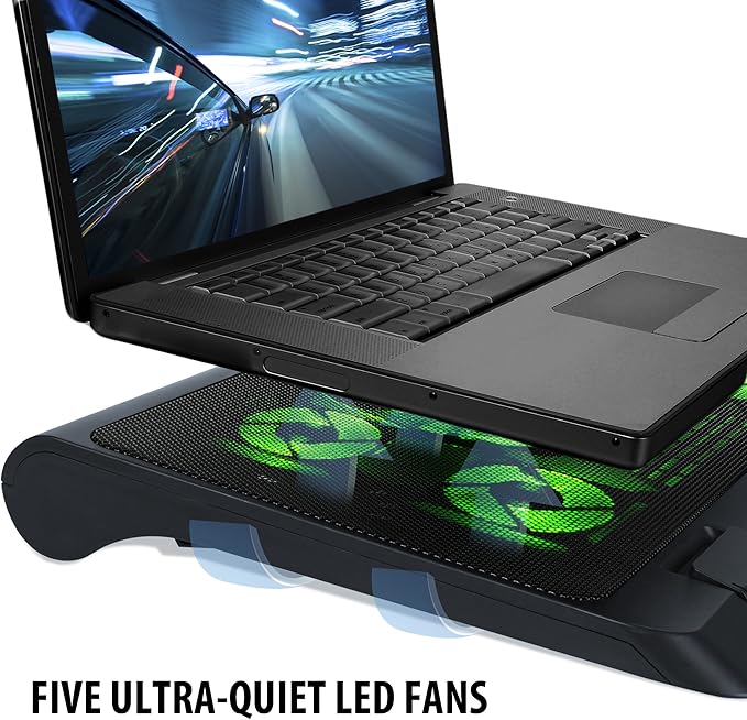 ENHANCE Gaming Laptop Cooling Pad Stand with LED Cooler Fans, Adjustable Height, & Dual USB Port for 17 inch Laptops - 5 Ultra Quiet High Performance Fans 2630 RPM & Built-in Bumpers - Green