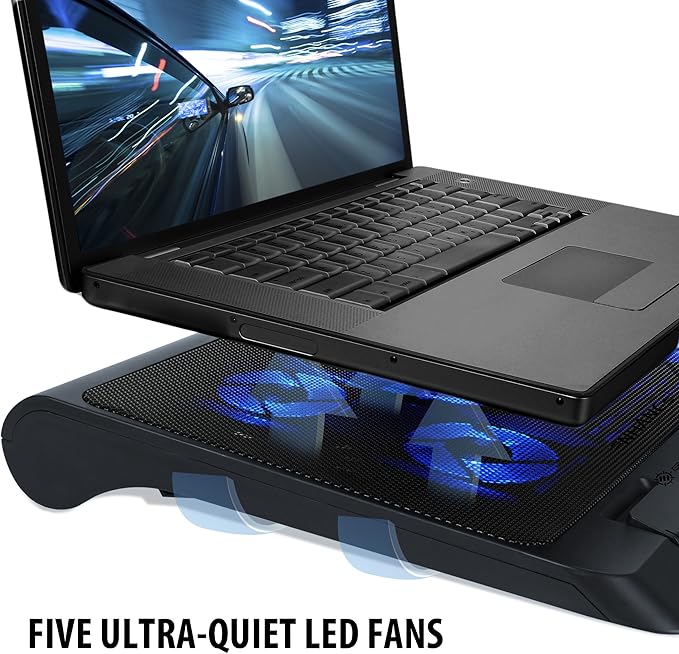 ENHANCE Gaming Laptop Cooling Pad Stand with LED Cooler Fans , Adjustable Height , & Dual USB Port for 17 inch Laptops - 5 Ultra Quiet High Performance Fans 2630 RPM & Built-In Bumpers - Blue