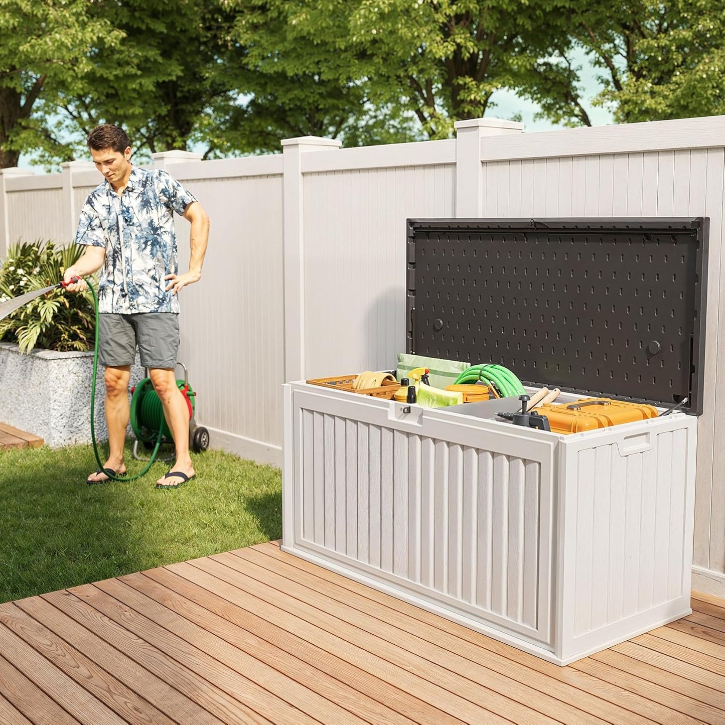 Gizoon 100 Gallon Deck Box, Resin Outdoor Storage Box with Lockable Lid, Waterproof and UV Resistant, Perfect for Storing Patio Mats, Garden Tools, Home and Outdoor Organization