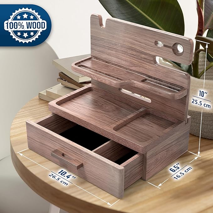 BarvA Phone Docking Station with Drawer Organizer | Night Stand Desk Charging Station | Upgraded Nightstand Organizer | Dresser Smart Watch Earbuds Phone Stand | Room Decor Gifts for Women Men Mom