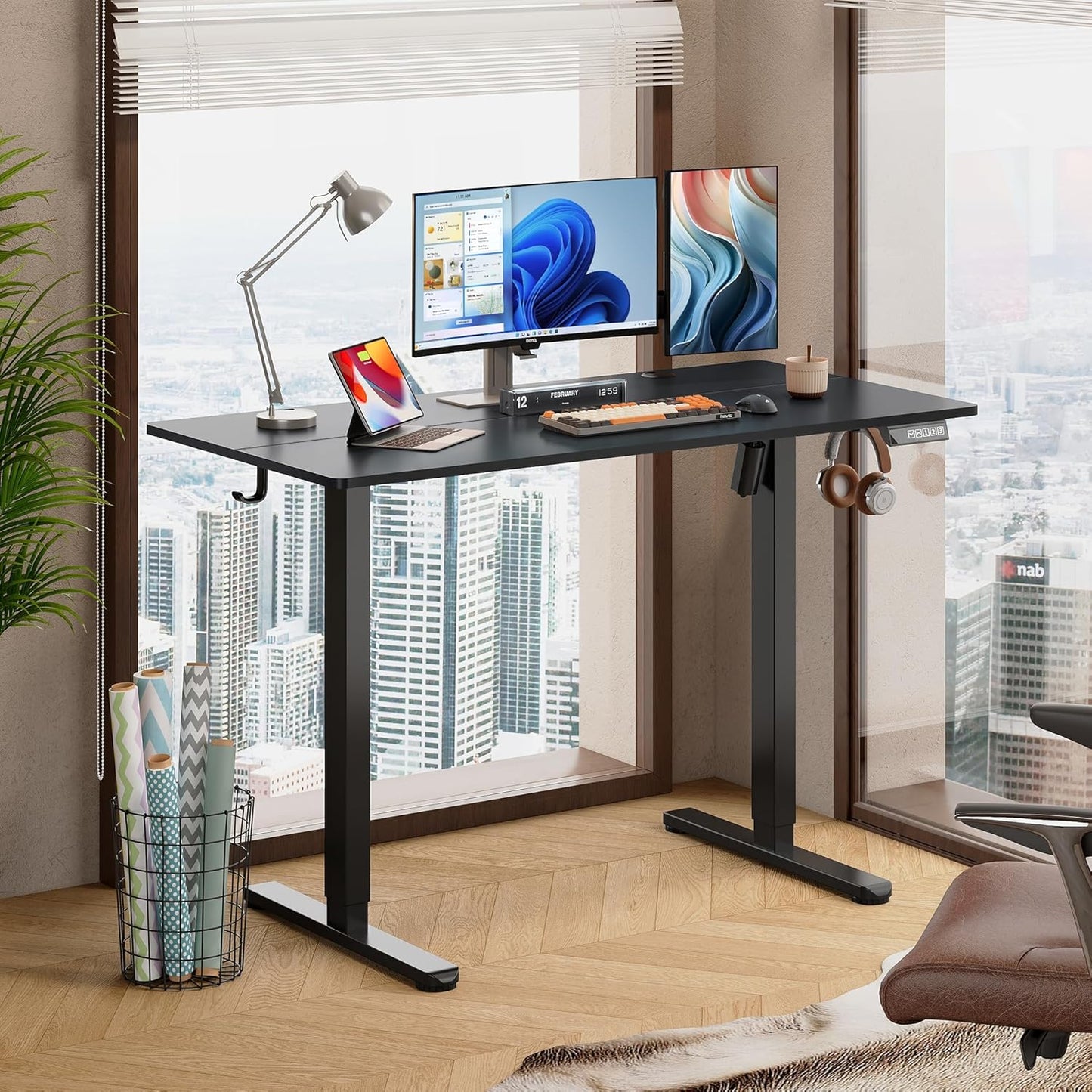 DEVAISE 48 Inch Electric Standing Desk, 3 Adjustable Height Stand up Desk for Home Office, Ergonomic Sit to Stand Desk with LED Touchscreen, Headphone Hook, 3 Memory Preset Computer Desk (Black)