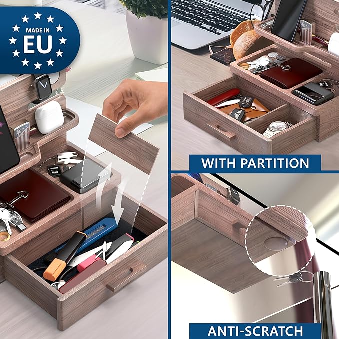 BarvA Phone Docking Station with Drawer Organizer | Night Stand Desk Charging Station | Upgraded Nightstand Organizer | Dresser Smart Watch Earbuds Phone Stand | Room Decor Gifts for Women Men Mom