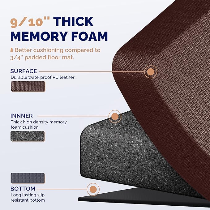 FEATOL Anti Fatigue Mat Floor Mat, Extra Thick Standing Office Desk Mat Memory Foam Cushioned Anti Fatigue Ergonomic Kitchen Mats Comfort Standing Pad NOT PVC 9/10 Inch Thick (20" x 39, Brown)
