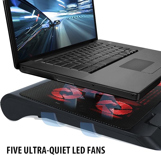 ENHANCE Gaming Laptop Cooling Pad Stand with LED Cooler Fans , Adjustable Height , & Dual USB Port for 17 inch Laptops - 5 Ultra Quiet High Performance Fans 2630 RPM & Built-In Bumpers - Red