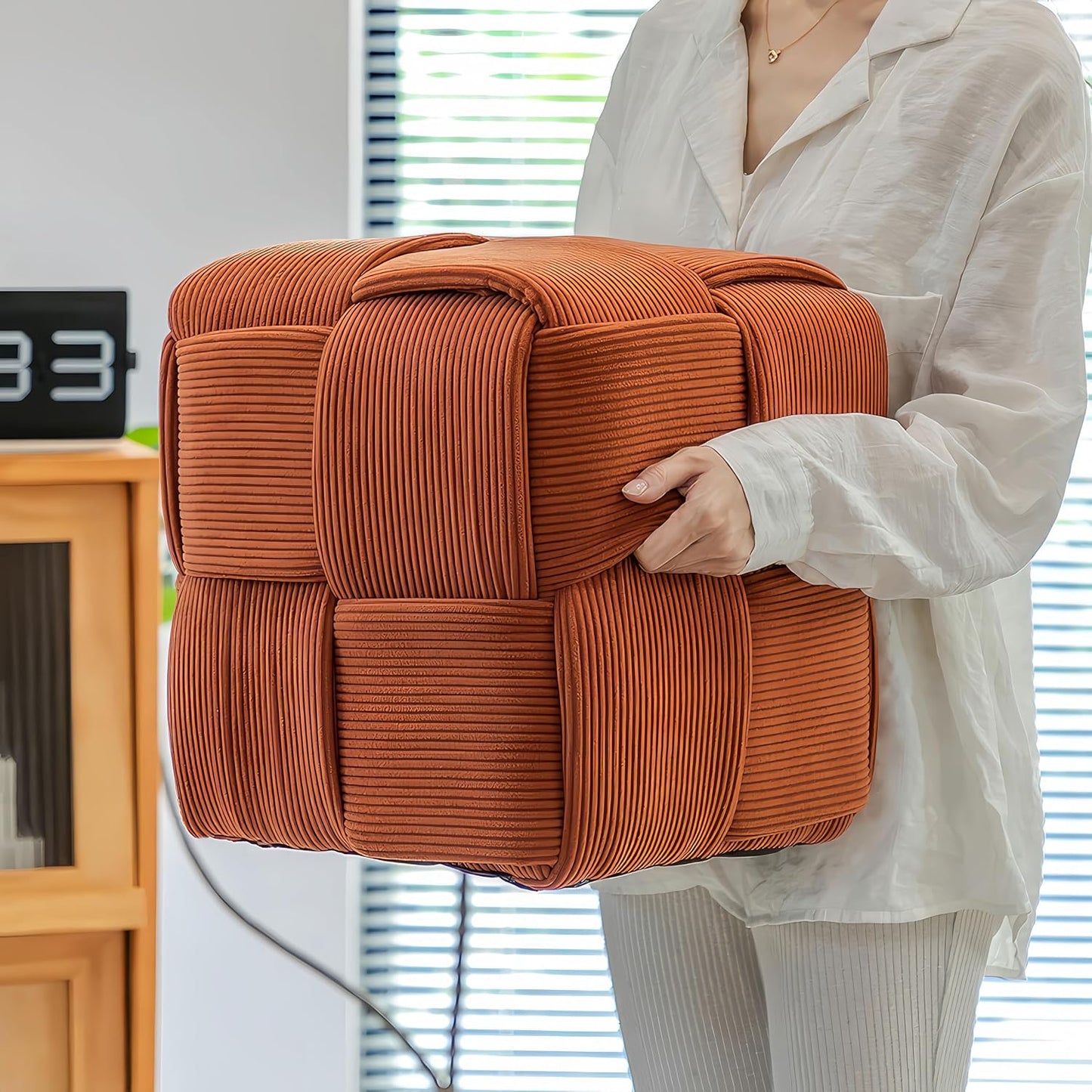 Ottoman Foot Rest Soft and Comfortable Ottoman Square Corduroy Woven Design Sofa Stool (Orange)