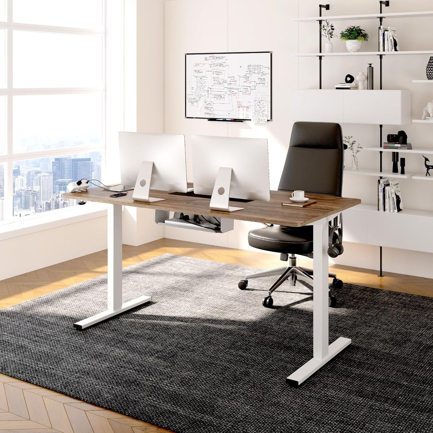 FLEXISPOT EN2 Whole-Piece Standing Desk with Clamp Power Strip, 48 x 30 Electric Stand Up Height Adjustable Desk with Cable Management (White Frame + 48" Black Walnut Desktop, 2 Packages)