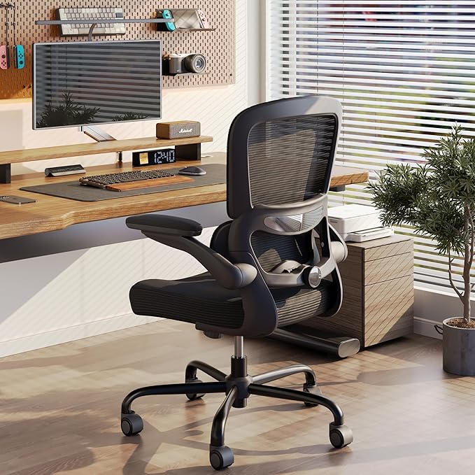 TRALT Ergonomic Office Chair - Desk Chair with Adjustable Lumbar Support Computer Chair - Mesh Comfy Chair with Flip-up Armrests - Gaming Chairs for Adults Home Office (Leather, Black)