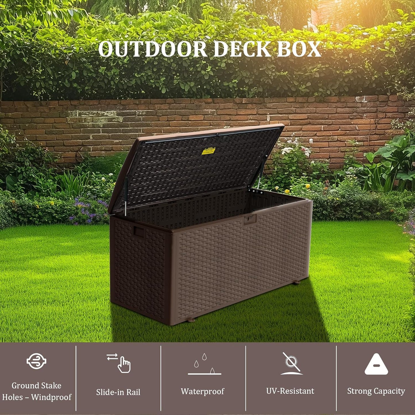Premium Pro Edition 180 Gallon Lockable Resin Deck Box, Waterproof & UV-Resistant Outdoor Storage Box for Outdoor Cushion Storage, Garden Tools & Pool Accessories Storage, Brown