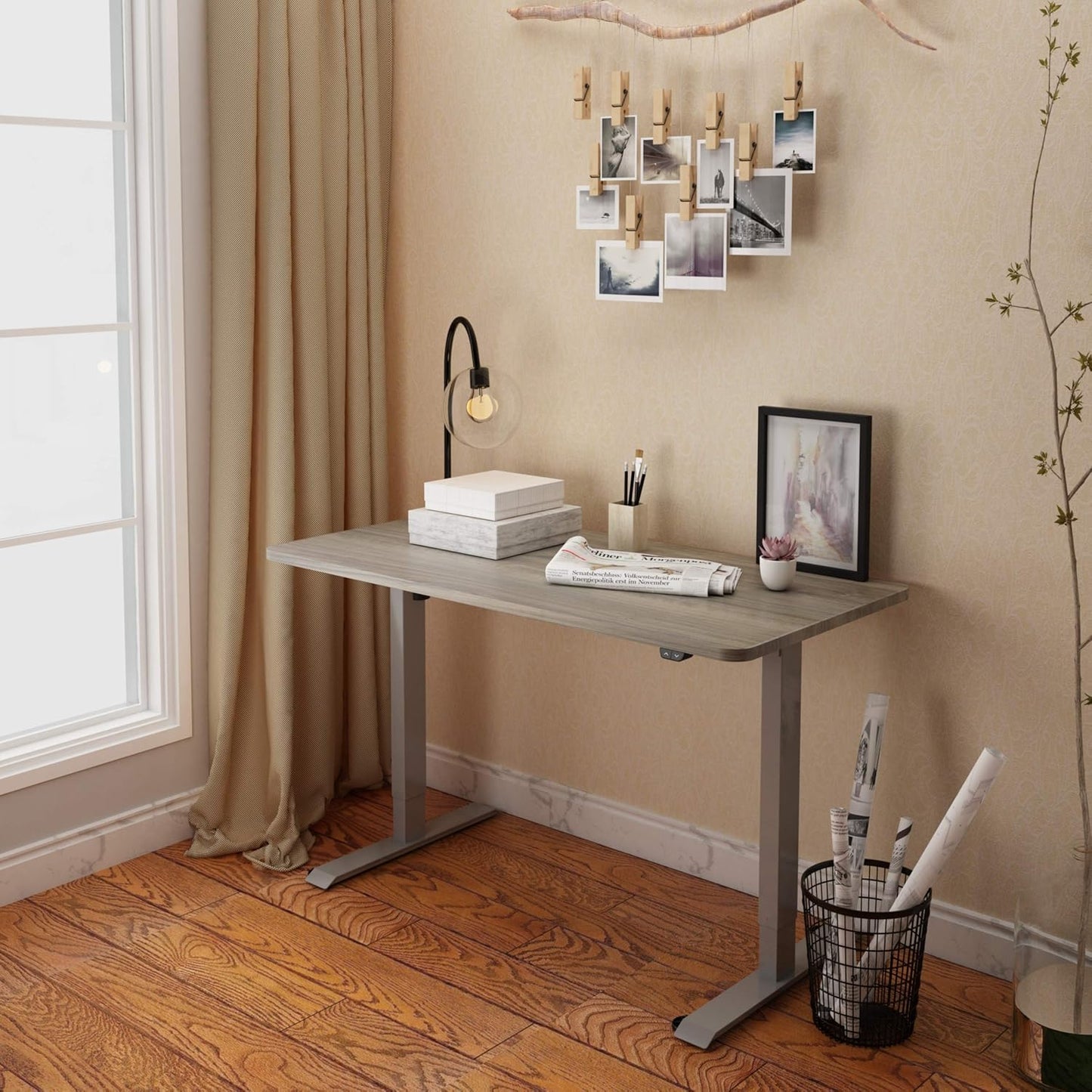 FLEXISPOT EN1 Whole-Piece Standing Desk 48 x 30 Inches Height Adjustable Electric Desk Sit Stand Desk Home Office Desks (Black Frame + Gray Wood Grain Top, 2 Packages)