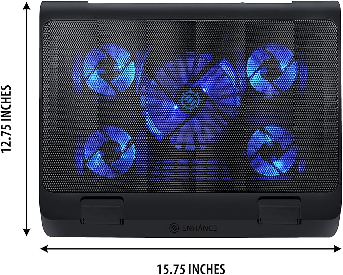 ENHANCE Gaming Laptop Cooling Pad Stand with LED Cooler Fans , Adjustable Height , & Dual USB Port for 17 inch Laptops - 5 Ultra Quiet High Performance Fans 2630 RPM & Built-In Bumpers - Blue