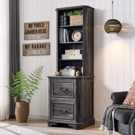 T4TREAM 6-Tier Bookcase with 2 File Drawers, 72" Tall Farmhouse Bookshelf with Storage & Adjustable Shelves, Wooden Floor Standing Display Book Shelf Organizer for Home Office, Dark Rustic Oak