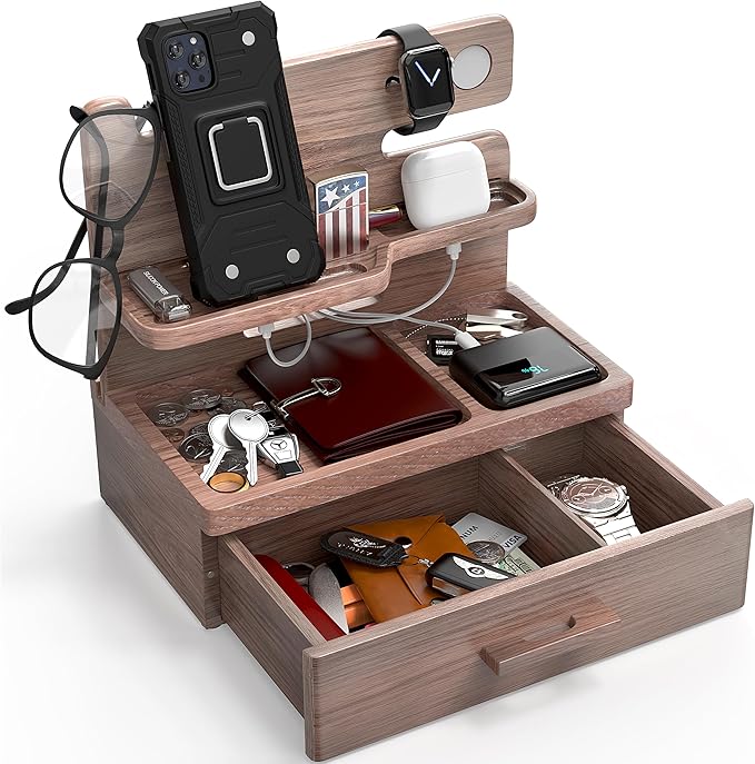 BarvA Phone Docking Station with Drawer Organizer | Night Stand Desk Charging Station | Upgraded Nightstand Organizer | Dresser Smart Watch Earbuds Phone Stand | Room Decor Gifts for Women Men Mom