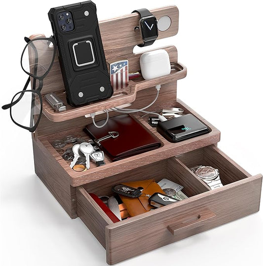 BarvA Phone Docking Station with Drawer Organizer | Night Stand Desk Charging Station | Upgraded Nightstand Organizer | Dresser Smart Watch Earbuds Phone Stand | Room Decor Gifts for Women Men Mom