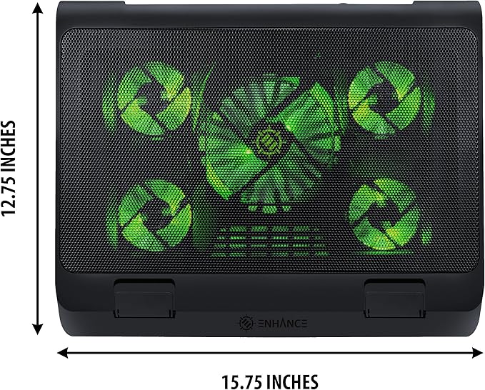 ENHANCE Gaming Laptop Cooling Pad Stand with LED Cooler Fans, Adjustable Height, & Dual USB Port for 17 inch Laptops - 5 Ultra Quiet High Performance Fans 2630 RPM & Built-in Bumpers - Green