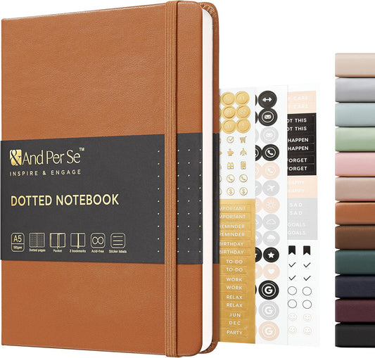 &And Per Se Dotted Journal Notebook, A5 Hardcover Leather Journal, 160 Pages 100 gsm Thick Dotted Paperï¼? Sheets of Stickers Included - 5.7'' x 8''(Light Brown)