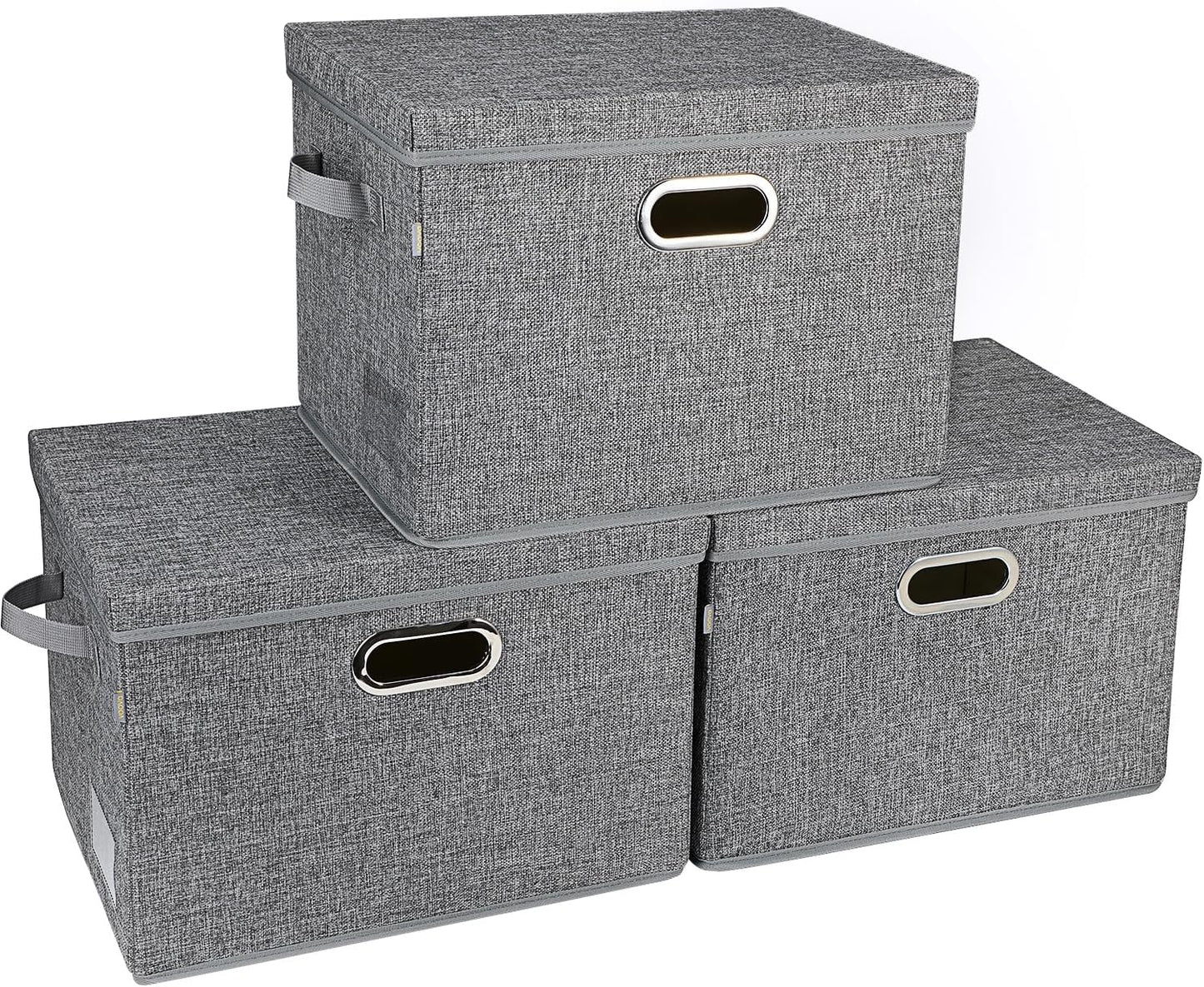 Voova Large Collapsible Storage Bins with Lids, 3 Pack Stackable Line Fabric Cube Storage Organizer, Foldable Closet Storage Boxes Baskets Containers with Cover for Clothes Bedroom Office Home, Grey