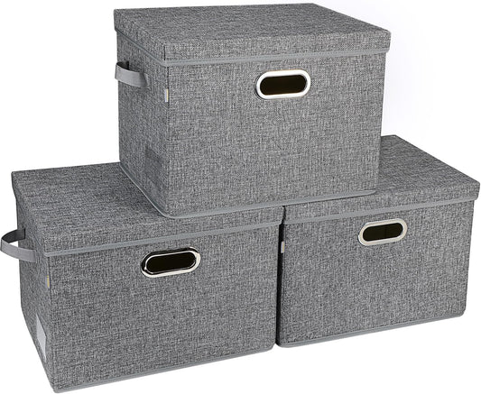 Voova Large Collapsible Storage Bins with Lids, 3 Pack Stackable Line Fabric Cube Storage Organizer, Foldable Closet Storage Boxes Baskets Containers with Cover for Clothes Bedroom Office Home, Grey