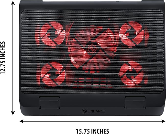 ENHANCE Gaming Laptop Cooling Pad Stand with LED Cooler Fans , Adjustable Height , & Dual USB Port for 17 inch Laptops - 5 Ultra Quiet High Performance Fans 2630 RPM & Built-In Bumpers - Red
