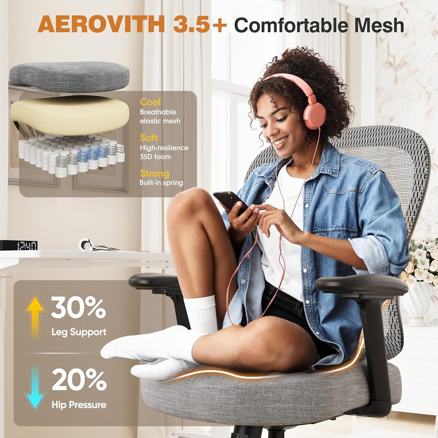 ELABEST Ergonomic Office Chair,Home Desk Chair with Mesh Back,Adjustable Lumbar Support,Built-in Springs Wide Seat,Executive Task Chair with 3-D Big Armrests,Tilt Function,Computer Desk Chair (Grey)